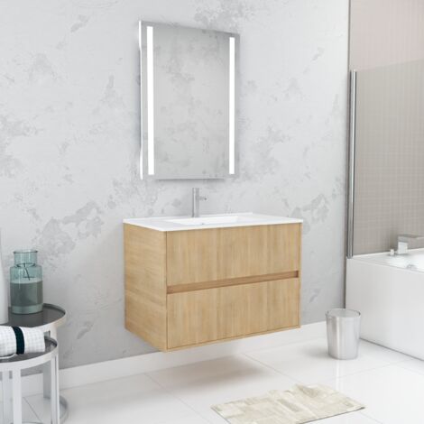 pack meuble salle de bains 80cm chêne clair 2 tiroirs, vasque, miroir 60x80 à leds intégrées - xenos