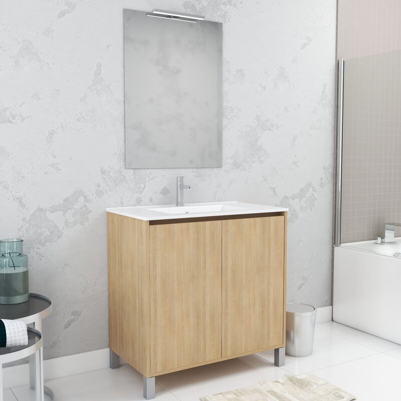 Aurlane - Pack Meuble Salle de Bains 80cm Chêne Clair 2 Portes, Vasque, Miroir 60x80 et réglette Led - xenos