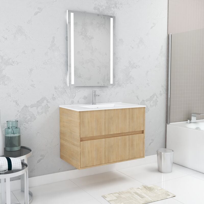 Aurlane - Pack Meuble Salle de Bains 80cm Chêne Clair 2 Tiroirs, Vasque, Miroir 60x80 à Leds intégrées - xenos