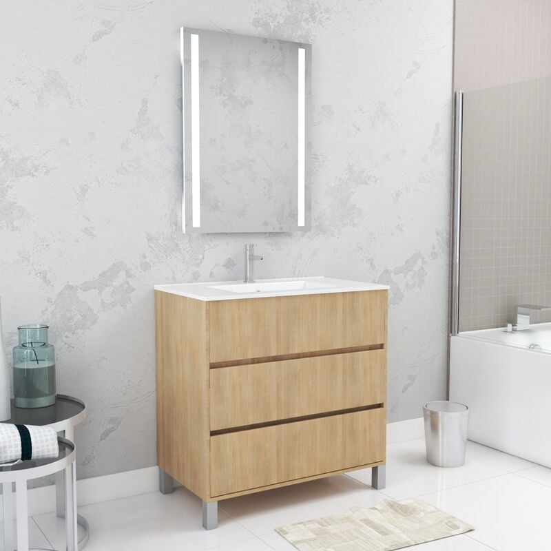 Aurlane - Pack Meuble Salle de Bains 80cm Chêne Clair 3 Tiroirs, Vasque, Miroir 60x80 à Leds intégrées - xenos