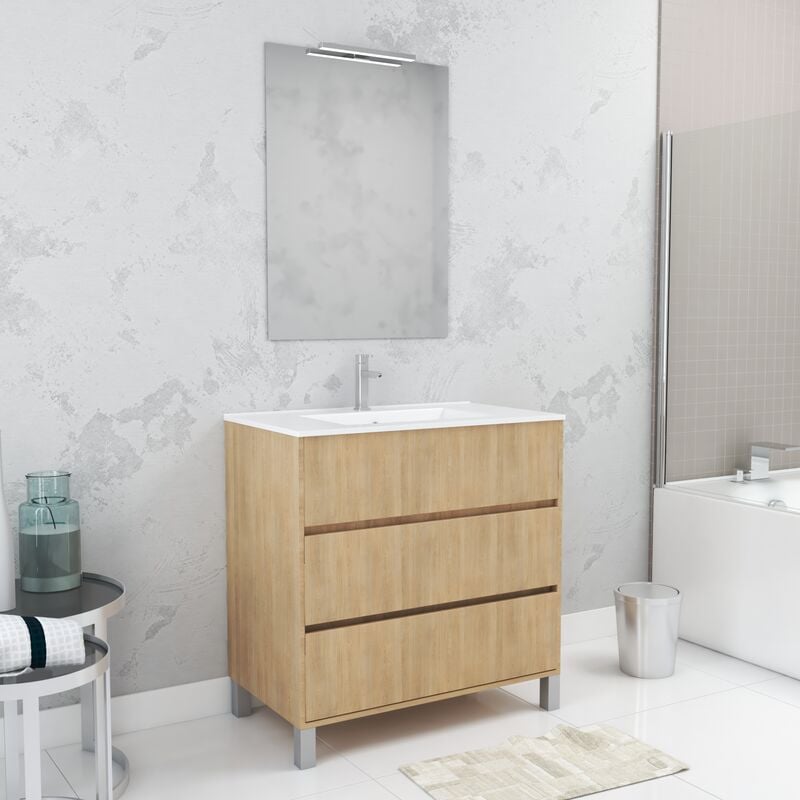 Aurlane - Pack Meuble Salle de Bains 80cm Chêne Clair 3 Tiroirs, Vasque, Miroir 60x80 et réglette Led - xenos