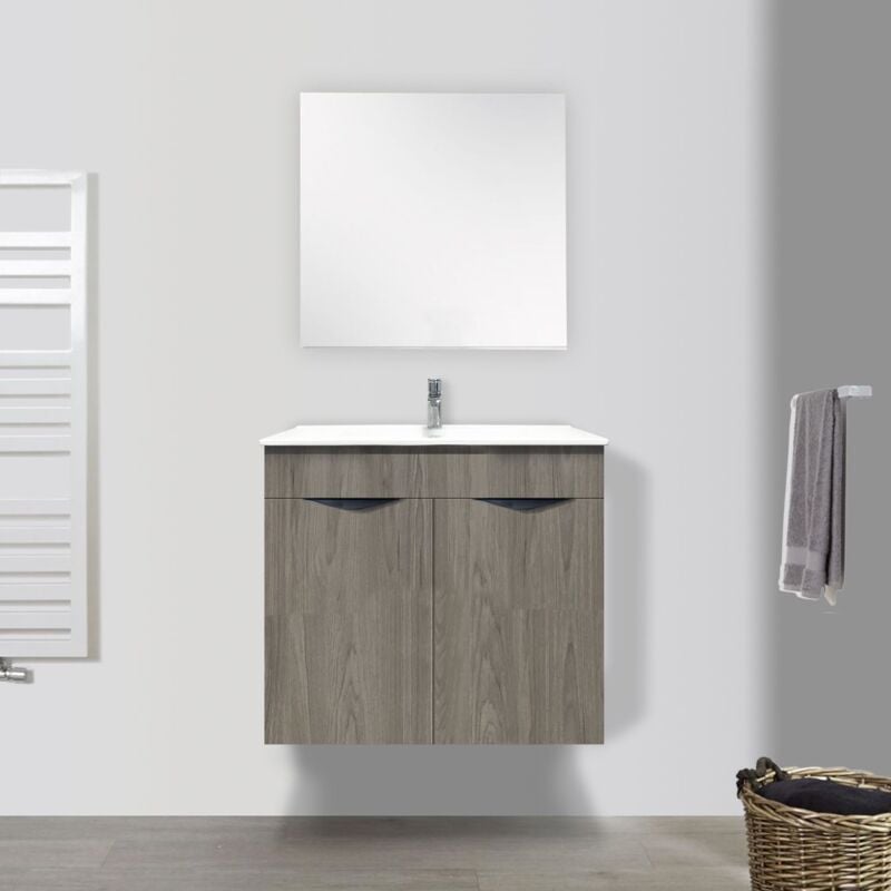 Inoval - pack meuble salle de bains 80cm : meuble gaia eco 80cm - 2 portes - chêne gris + vasque céramique + miroir