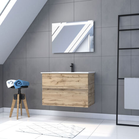 pack meuble sdb 80cm suspendu 2 tiroirs chenevasque blanche + miroir led - timber 80pack36