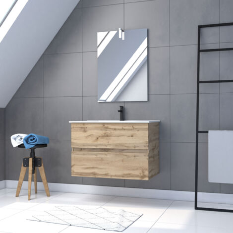 pack meuble sdb 80cm suspendu 2 tiroirs chenevasque blanche + miroir led - timber 80pack37
