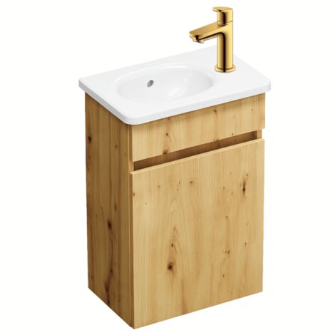 Pack meuble suspendu lave-mains BURGBAD Joline chêne + Robinet lave-mains eau froide Duravit Wave Doré poli