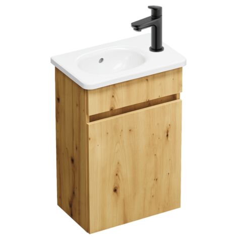 Pack meuble suspendu lave-mains BURGBAD Joline chêne + Robinet lave-mains eau froide Duravit Wave noir mat