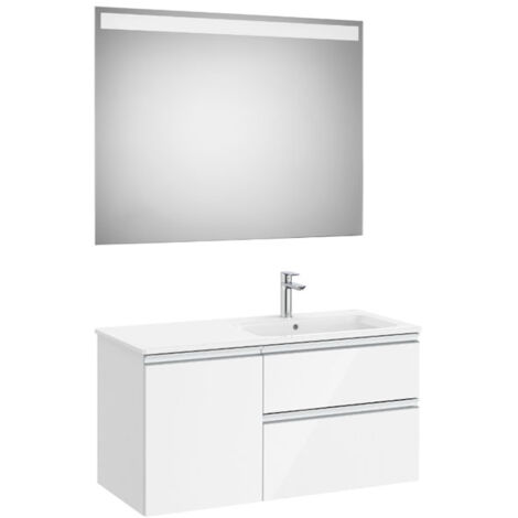 Pack meuble "The Gap" 1000 - 2 tiroirs + 1 porte + lavabo à droite slim + miroir LED - blanc brillant/poignées alu brillantes - Roca