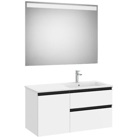 Pack meuble "The Gap" 1000 - 2 tiroirs + 1 porte + lavabo à droite slim + miroir LED - blanc mat/poignées noires - Roca