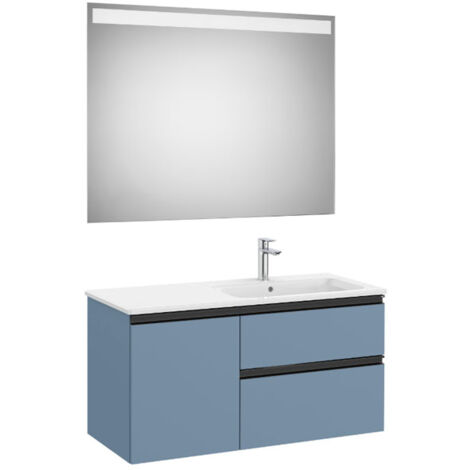 Pack meuble "The Gap" 1000 - 2 tiroirs + 1 porte + lavabo à droite slim + miroir LED - bleu mat/ poignées noires - Roca