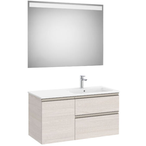 Pack meuble "The Gap" 1000 - 2 tiroirs +1 porte + lavabo à droite slim + miroir LED - frêne nordic/poignées nickel mat - Roca