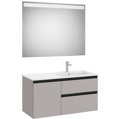 Pack meuble "The Gap" 1000 - 2 tiroirs + 1 porte + lavabo à droite slim + miroir LED - gris moyen mat/poignées noires - Roca