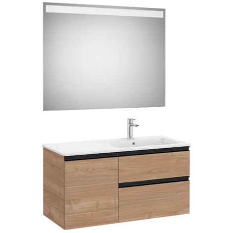 Pack meuble "The Gap" 1000 - 2 tiroirs + 1 porte + lavabo à droite slim + miroir LED - noyer/poignées noires - Roca