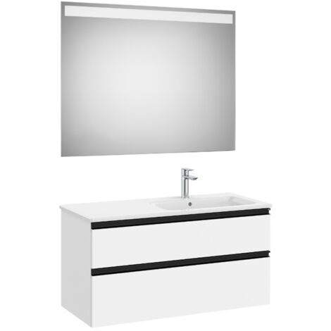 Pack meuble "The Gap" 1000 - 2 tiroirs + lavabo slim droite + miroir LED - blanc mat/poignées noires - Roca