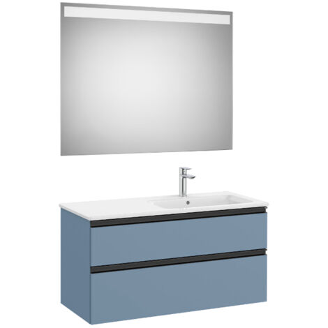 Pack meuble "The Gap" 1000 - 2 tiroirs + lavabo slim droite + miroir LED - bleu mat/ poignées noires - Roca