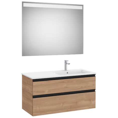Pack meuble "The Gap" 1000 - 2 tiroirs + lavabo slim droite + miroir LED - noyer/poignées noires - Roca