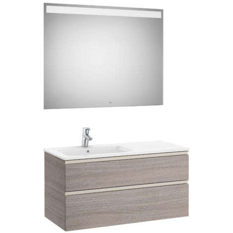 Pack meuble "The Gap" 1000 - 2 tiroirs + lavabo slim gauche + miroir LED - city oak/poignées nickel mat - Roca