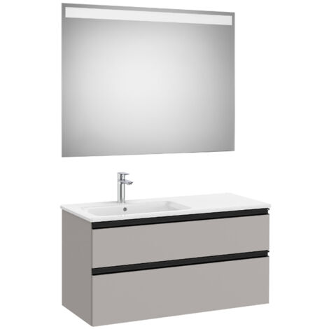 Pack meuble "The Gap" 1000 - 2 tiroirs + lavabo slim gauche + miroir LED - gris moyen mat/poignées noires - Roca