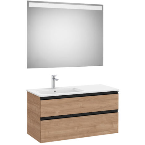 Pack meuble "The Gap" 1000 - 2 tiroirs + lavabo slim gauche + miroir LED - noyer/poignées noires - Roca