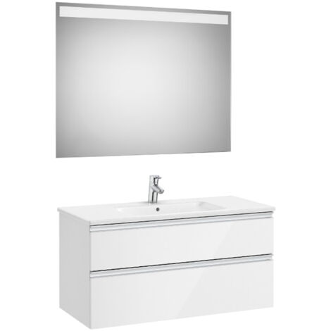 Pack meuble "The Gap" 1000 - 2 tiroirs + lavabo slim + miroir LED - blanc brillant/poignées alu brillantes - Roca