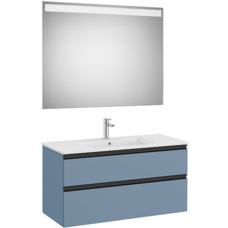 Pack meuble "The Gap" 1000 - 2 tiroirs + lavabo slim + miroir LED - bleu mat/ poignées noires - Roca