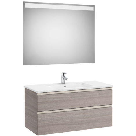Pack meuble "The Gap" 1000 - 2 tiroirs + lavabo slim + miroir LED - city oak/poignées nickel mat - Roca