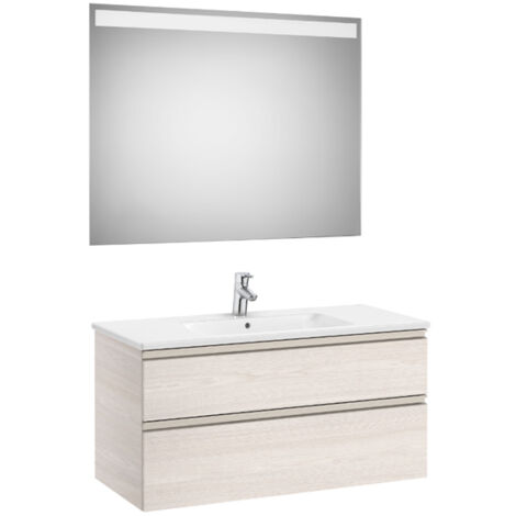 Pack meuble "The Gap" 1000 - 2 tiroirs + lavabo slim + miroir LED - frêne nordic/poignées nickel mat - Roca