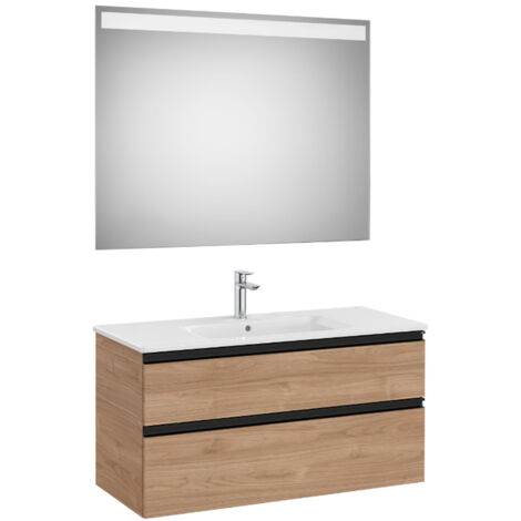 Pack meuble "The Gap" 1000 - 2 tiroirs + lavabo slim + miroir LED - noyer/poignées noires - Roca