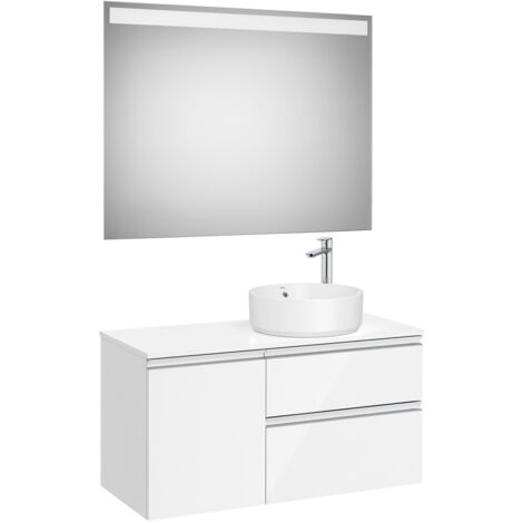 Pack meuble "The gap" 1000 pour vasque à droite - 2 tiroirs + 1 porte + plan + miroir LED - blanc brillant - Roca