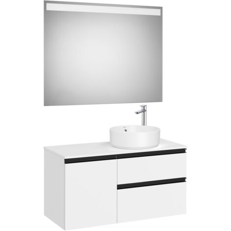 Pack meuble "The gap" 1000 pour vasque à droite - 2 tiroirs + 1 porte + plan + miroir LED - blanc mat/poignées noires - Roca