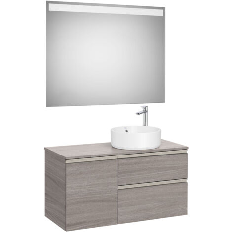 Pack meuble "The gap" 1000 pour vasque à droite - 2 tiroirs + 1 porte + plan + miroir LED - city oak/poignées nickel mat - Roca