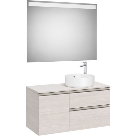Pack meuble "The gap" 1000 pour vasque à droite - 2 tiroirs +1 porte + plan + miroir LED - frêne nordic/poignées nickel mat - Roca