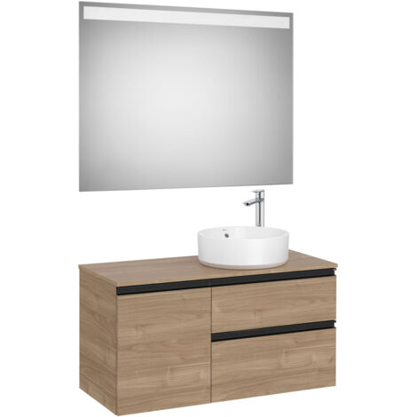 Pack meuble "The gap" 1000 pour vasque à droite - 2 tiroirs + 1 porte + plan + miroir LED - noyer/poignées noires - Roca