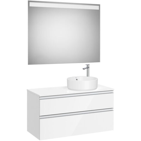 Pack meuble "The gap" 1000 pour vasque à droite - 2 tiroirs + plan + miroir LED - blanc brillant/poignées alu brillantes - Roca