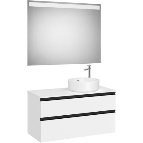 Pack meuble "The gap" 1000 pour vasque à droite - 2 tiroirs + plan + miroir LED - blanc mat/poignées noires - Roca