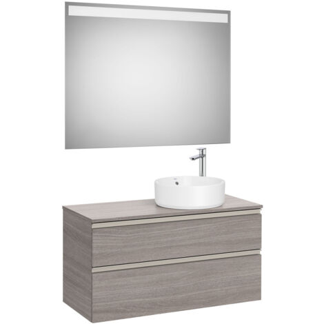 Pack meuble "The gap" 1000 pour vasque à droite - 2 tiroirs + plan + miroir LED - city oak/poignées nickel mat - Roca