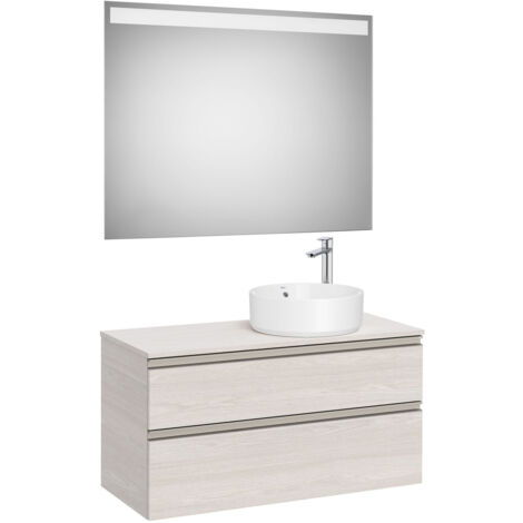 Pack meuble "The gap" 1000 pour vasque à droite - 2 tiroirs + plan + miroir LED - frêne nordic/poignées nickel mat - Roca