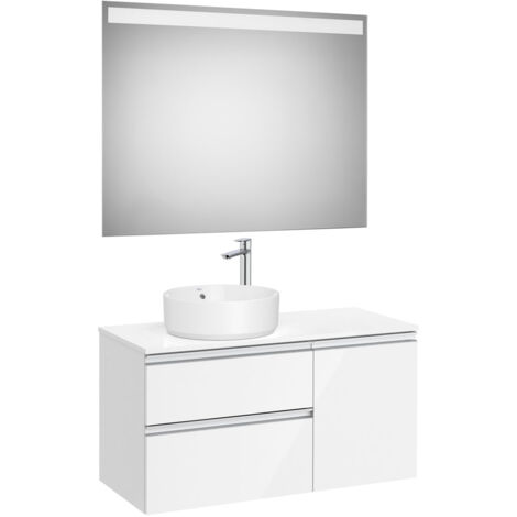 Pack meuble "The gap" 1000 pour vasque à gauche - 2 tiroirs + 1 porte + plan + miroir LED - blanc brillant - Roca
