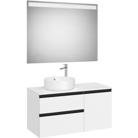 Pack meuble "The gap" 1000 pour vasque à gauche - 2 tiroirs + 1 porte + plan + miroir LED - blanc mat - Roca