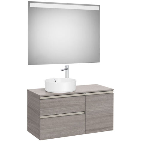 Pack meuble "The gap" 1000 pour vasque à gauche - 2 tiroirs + 1 porte + plan + miroir LED - city oak - Roca