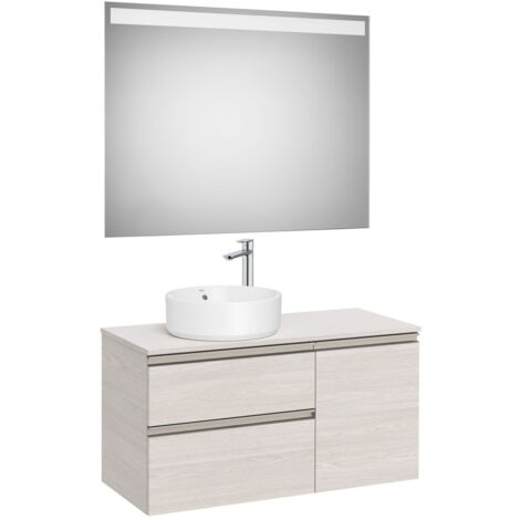 Pack meuble "The gap" 1000 pour vasque à gauche - 2 tiroirs + 1 porte + plan + miroir LED - frêne nordic - Roca