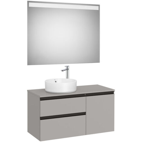 Pack meuble "The gap" 1000 pour vasque à gauche - 2 tiroirs + 1 porte + plan + miroir LED - gris moyen - Roca