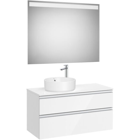 Pack meuble "The gap" 1000 pour vasque à gauche - 2 tiroirs + plan + miroir LED - blanc brillant/poignées alu brillantes - Roca