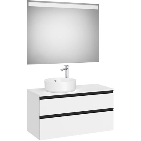 Pack meuble "The gap" 1000 pour vasque à gauche - 2 tiroirs + plan + miroir LED - blanc mat/poignées noires - Roca
