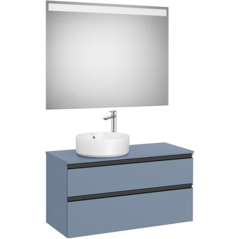 Pack meuble "The gap" 1000 pour vasque à gauche - 2 tiroirs + plan + miroir LED - bleu mat/ poignées noires - Roca