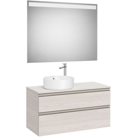 Pack meuble "The gap" 1000 pour vasque à gauche - 2 tiroirs + plan + miroir LED - frêne nordic/poignées nickel mat - Roca
