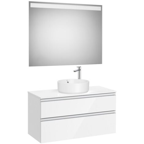 Pack meuble "The gap" 1000 pour vasque à poser - 2 tiroirs + plan + miroir LED - blanc brillant/poignées alu brillantes - Roca