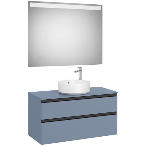 Pack meuble "The gap" 1000 pour vasque à poser - 2 tiroirs + plan + miroir LED - bleu mat/ poignées noires - Roca