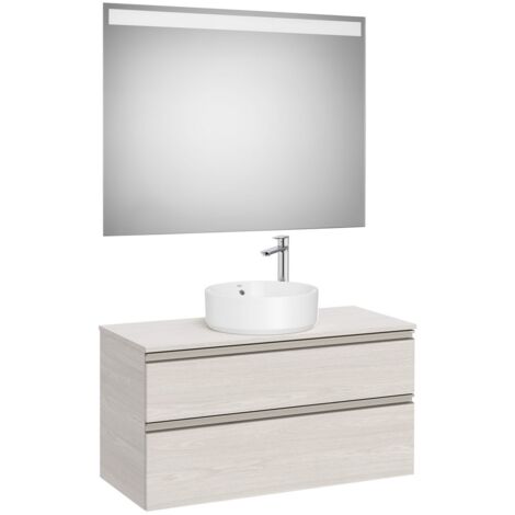 Pack meuble "The gap" 1000 pour vasque à poser- 2 tiroirs + plan + miroir LED - frêne nordic/poignées nickel mat - Roca