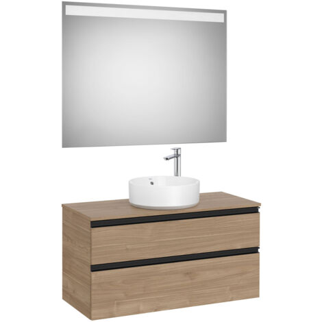 Pack meuble "The gap" 1000 pour vasque à poser - 2 tiroirs + plan + miroir LED - noyer/poignées noires - Roca