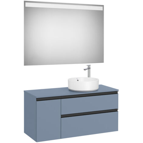 Pack meuble "The gap" 1100 pour vasque à droite - 2 tiroirs + 1 porte + plan + miroir LED - bleu mat/ poignées noires - Roca